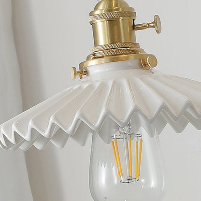 Traditional Vintage Swing Arm Long Pole Round Pleated Ceramic Shade Wood Brass 1-Light Wall Sconce Lamp For Living Room