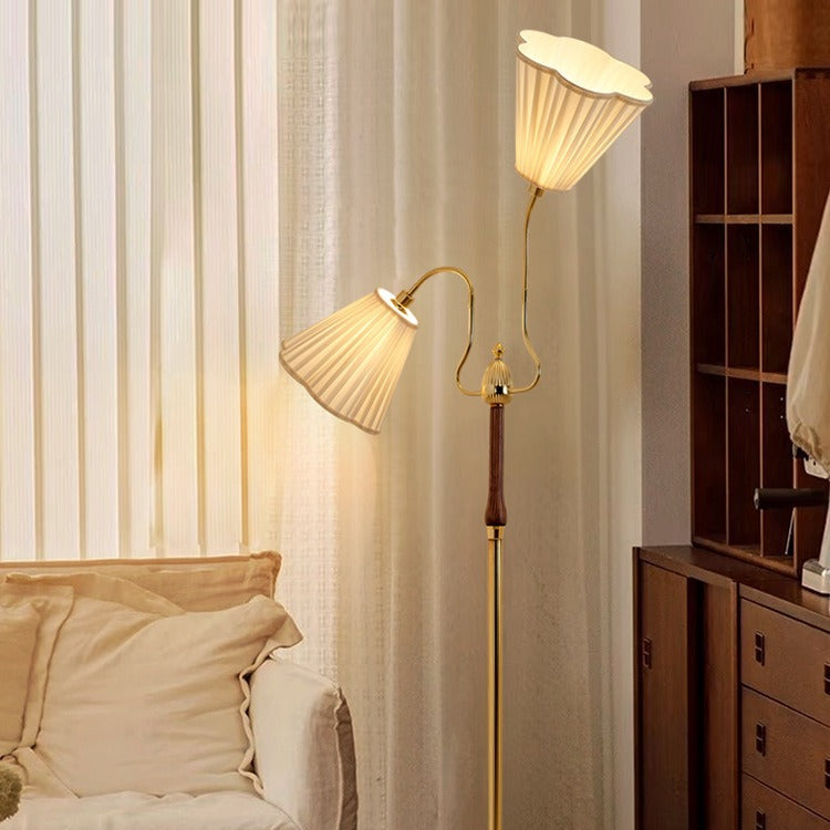 Traditional Vintage Cylinder Lace Pleated Fabric Shade Iron Wood Frame 2-Light Standing Floor Lamp For Living Room