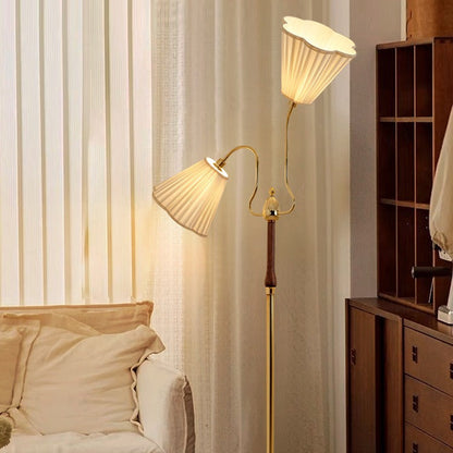 Traditional Vintage Cylinder Lace Pleated Fabric Shade Iron Wood Frame 2-Light Standing Floor Lamp For Living Room