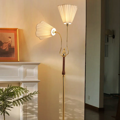Traditional Vintage Cylinder Lace Pleated Fabric Shade Iron Wood Frame 2-Light Standing Floor Lamp For Living Room