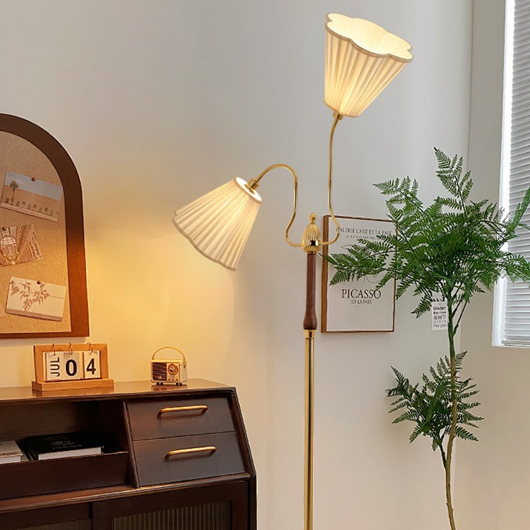 Traditional Vintage Cylinder Lace Pleated Fabric Shade Iron Wood Frame 2-Light Standing Floor Lamp For Living Room
