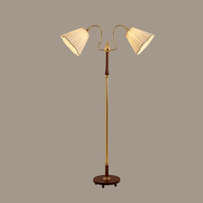 Traditional Vintage Cylinder Lace Pleated Fabric Shade Iron Wood Frame 2-Light Standing Floor Lamp For Living Room