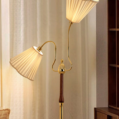 Traditional Vintage Cylinder Lace Pleated Fabric Shade Iron Wood Frame 2-Light Standing Floor Lamp For Living Room