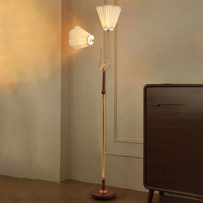 Traditional Vintage Cylinder Lace Pleated Fabric Shade Iron Wood Frame 2-Light Standing Floor Lamp For Living Room