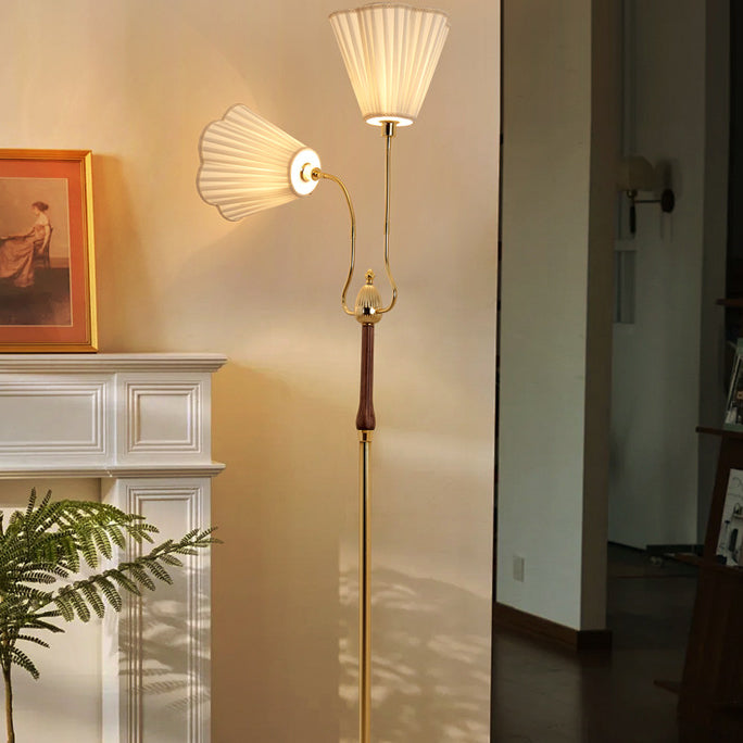 Traditional Vintage Cylinder Lace Pleated Fabric Shade Iron Wood Frame 2-Light Standing Floor Lamp For Living Room