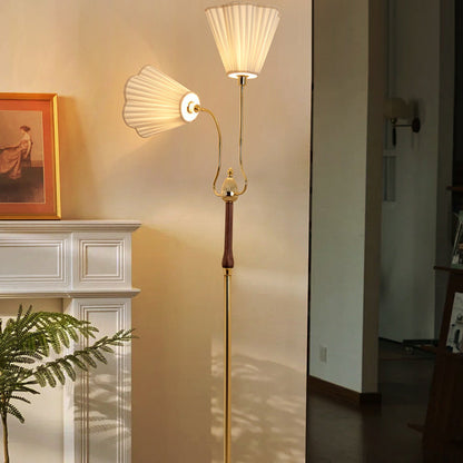 Traditional Vintage Cylinder Lace Pleated Fabric Shade Iron Wood Frame 2-Light Standing Floor Lamp For Living Room