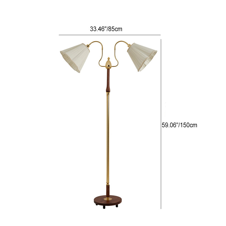 Traditional Vintage Cylinder Lace Pleated Fabric Shade Iron Wood Frame 2-Light Standing Floor Lamp For Living Room