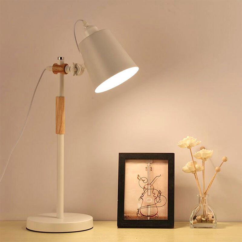 Modern Minimalist Long Pole Cylinder Wood Iron 1-Light Table Lamp For Bedroom