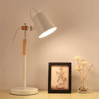 Modern Minimalist Long Pole Cylinder Wood Iron 1-Light Table Lamp For Bedroom