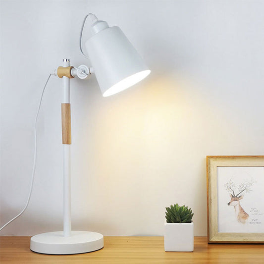 Modern Minimalist Long Pole Cylinder Wood Iron 1-Light Table Lamp For Bedroom