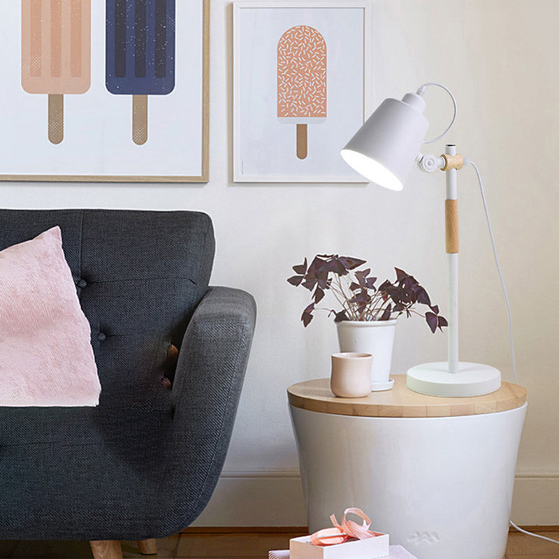 Modern Minimalist Long Pole Cylinder Wood Iron 1-Light Table Lamp For Bedroom