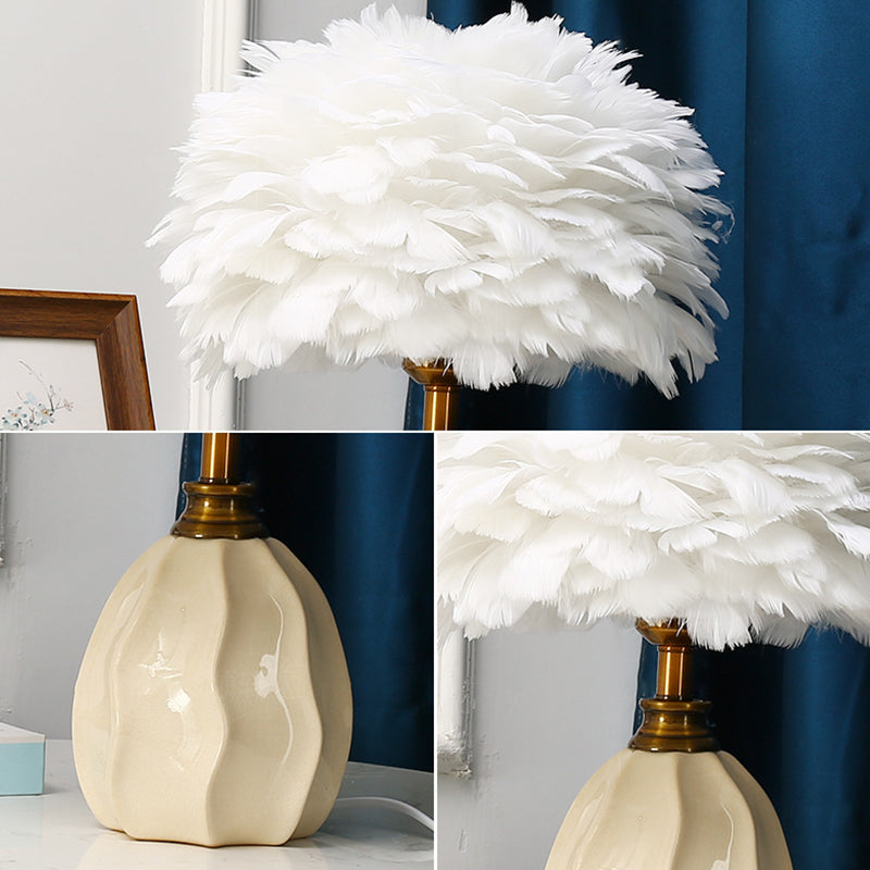Contemporary Nordic Round Ripple Ceramic Base Iron Feather Shade 1-Light Table Lamp For Bedroom