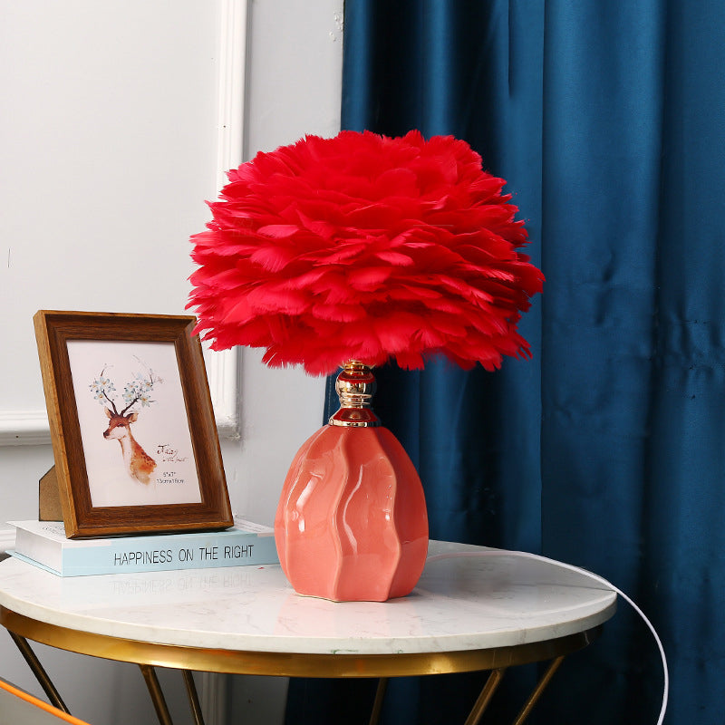 Contemporary Nordic Round Ripple Ceramic Base Iron Feather Shade 1-Light Table Lamp For Bedroom