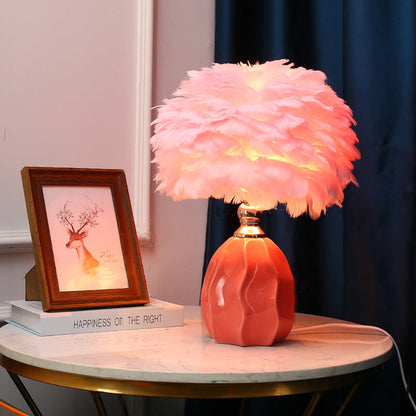 Contemporary Nordic Round Ripple Ceramic Base Iron Feather Shade 1-Light Table Lamp For Bedroom