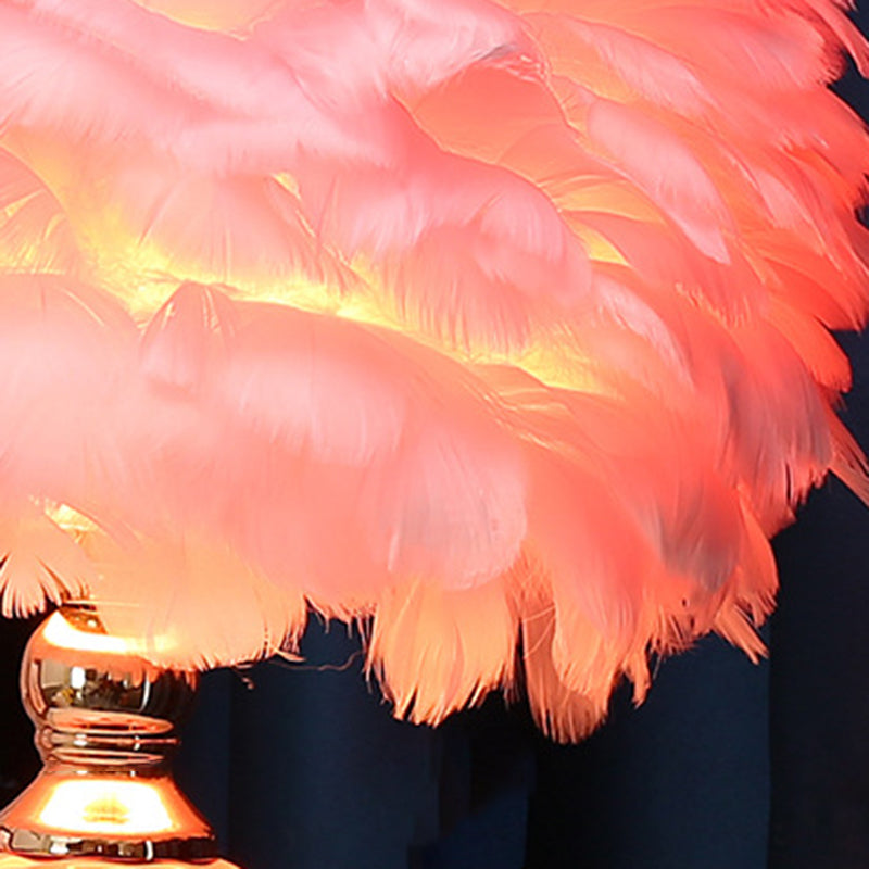 Contemporary Nordic Round Ripple Ceramic Base Iron Feather Shade 1-Light Table Lamp For Bedroom