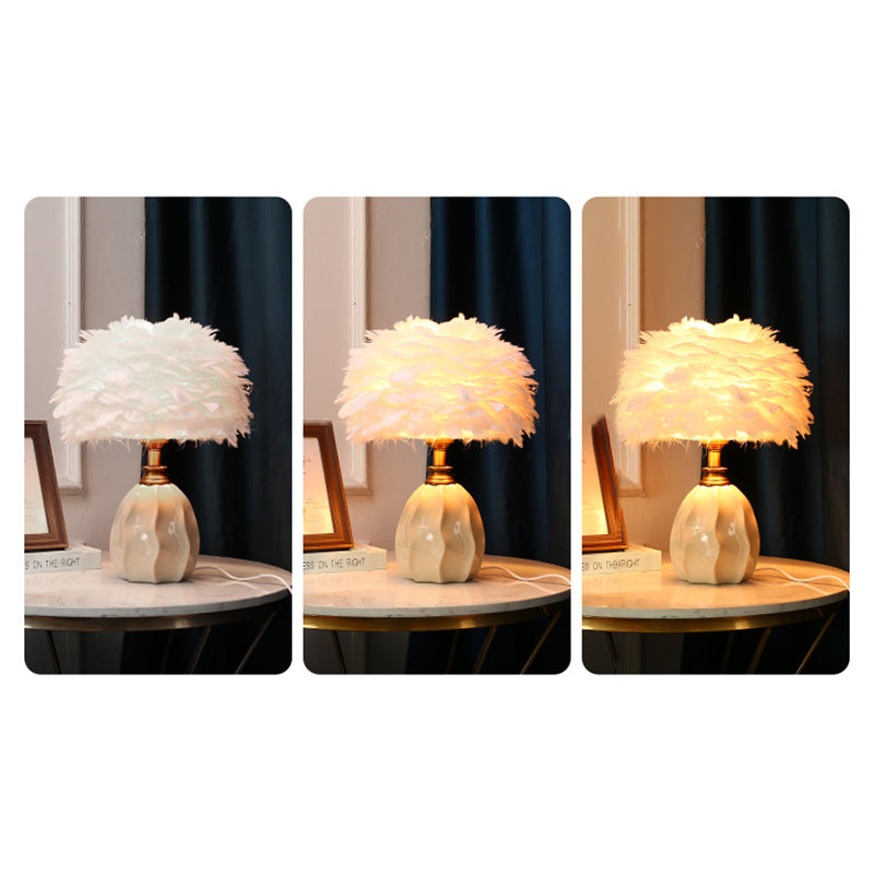 Contemporary Nordic Round Ripple Ceramic Base Iron Feather Shade 1-Light Table Lamp For Bedroom
