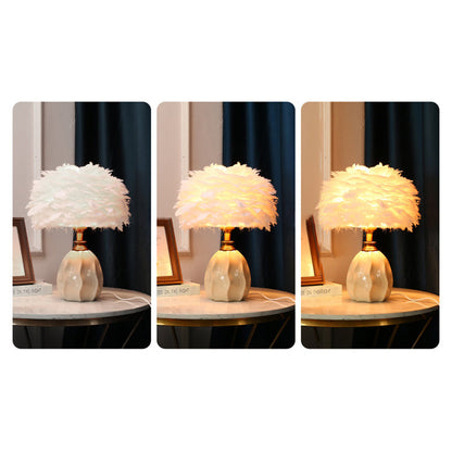Contemporary Nordic Round Ripple Ceramic Base Iron Feather Shade 1-Light Table Lamp For Bedroom