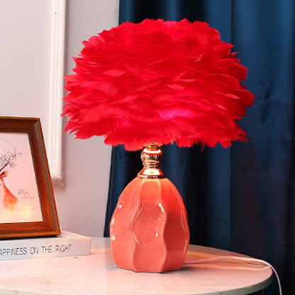 Contemporary Nordic Round Ripple Ceramic Base Iron Feather Shade 1-Light Table Lamp For Bedroom