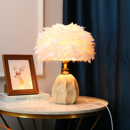 Contemporary Nordic Round Ripple Ceramic Base Iron Feather Shade 1-Light Table Lamp For Bedroom