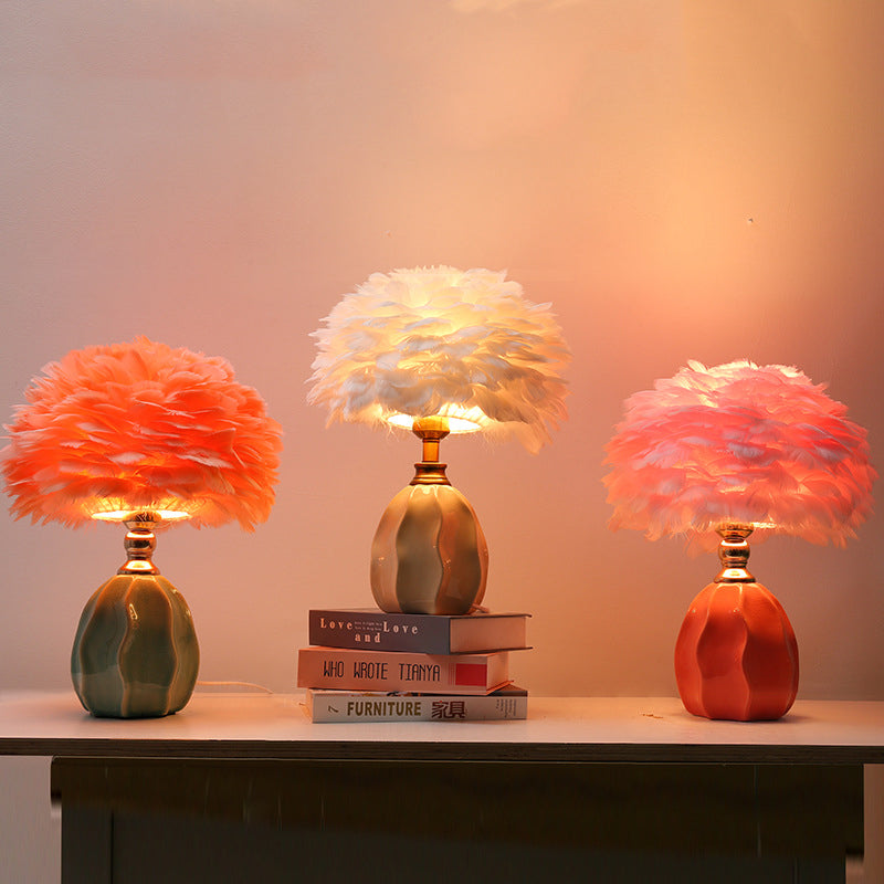 Contemporary Nordic Round Ripple Ceramic Base Iron Feather Shade 1-Light Table Lamp For Bedroom