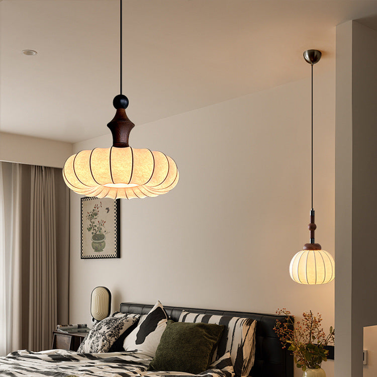 Traditional French Circle Iron Wood Frame Silk Shade 1-Light Pendant Light For Living Room