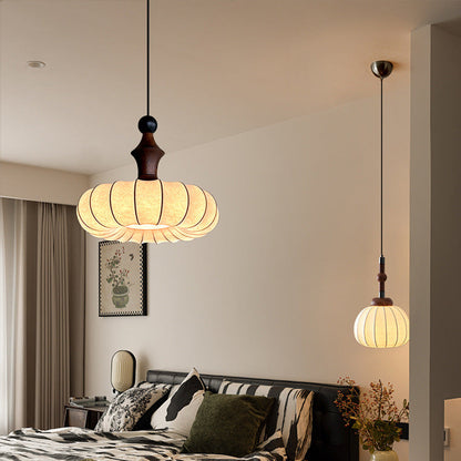 Traditional French Circle Iron Wood Frame Silk Shade 1-Light Pendant Light For Living Room