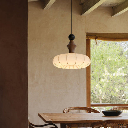 Traditional French Circle Iron Wood Frame Silk Shade 1-Light Pendant Light For Living Room