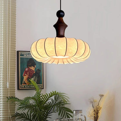 Traditional French Circle Iron Wood Frame Silk Shade 1-Light Pendant Light For Living Room