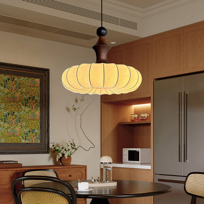 Traditional French Circle Iron Wood Frame Silk Shade 1-Light Pendant Light For Living Room