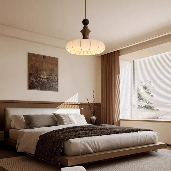Traditional French Circle Iron Wood Frame Silk Shade 1-Light Pendant Light For Living Room