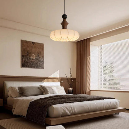 Traditional French Circle Iron Wood Frame Silk Shade 1-Light Pendant Light For Living Room