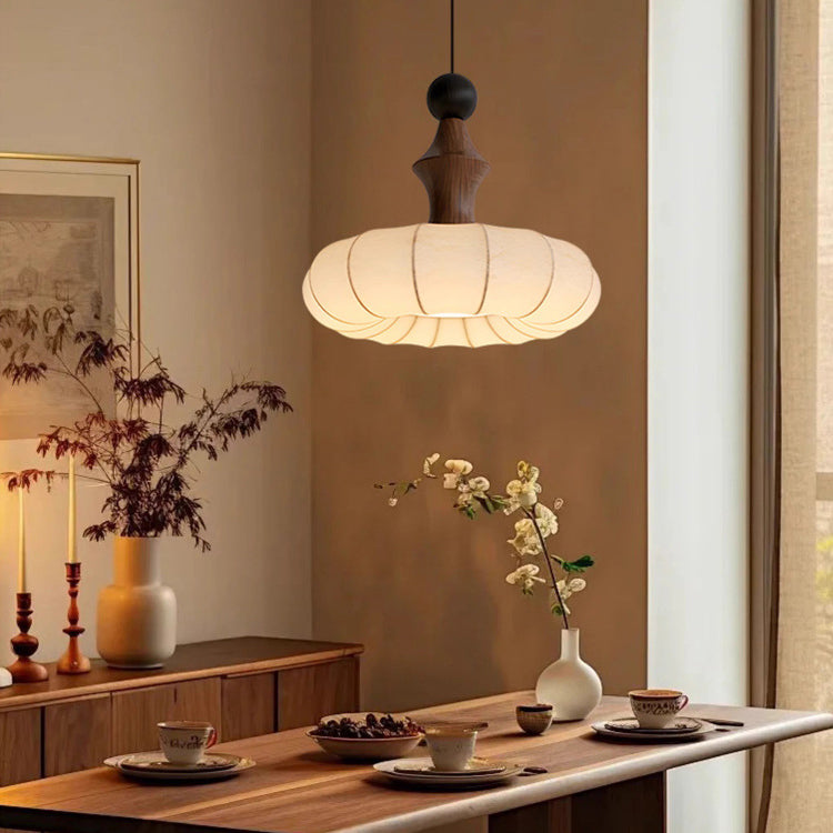 Traditional French Circle Iron Wood Frame Silk Shade 1-Light Pendant Light For Living Room