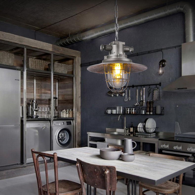 Contemporary Industrial Round Iron Cage Glass 1-Light Pendant Light For Living Room