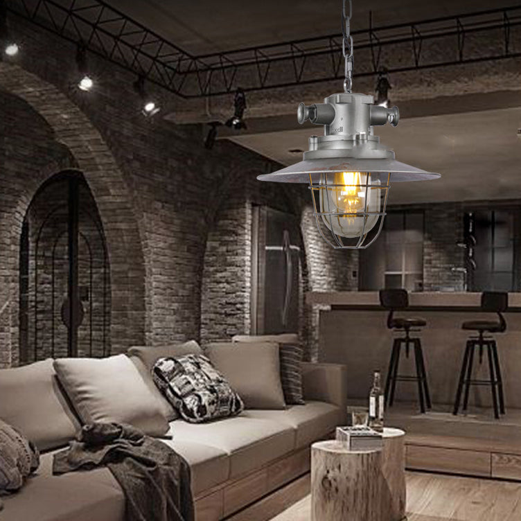 Contemporary Industrial Round Iron Cage Glass 1-Light Pendant Light For Living Room