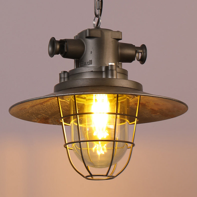 Contemporary Industrial Round Iron Cage Glass 1-Light Pendant Light For Living Room