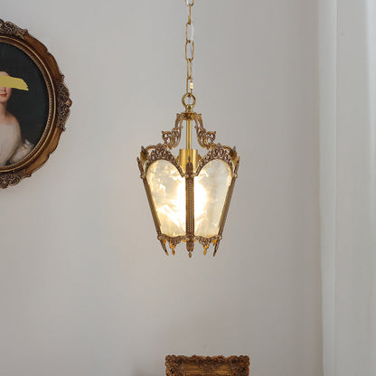 Traditional French Quadrilateral Lace Ice Glass Full Brass 1-Light Pendant Light For Living Room