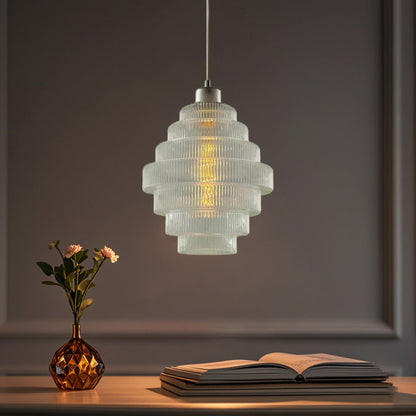 Contemporary French Multi Tier Circle Cylinder Glass Shade Iron 1-Light Pendant Light For Living Room