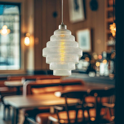 Contemporary French Multi Tier Circle Cylinder Glass Shade Iron 1-Light Pendant Light For Living Room