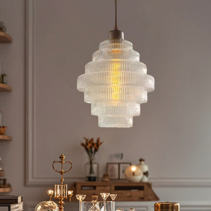 Contemporary French Multi Tier Circle Cylinder Glass Shade Iron 1-Light Pendant Light For Living Room