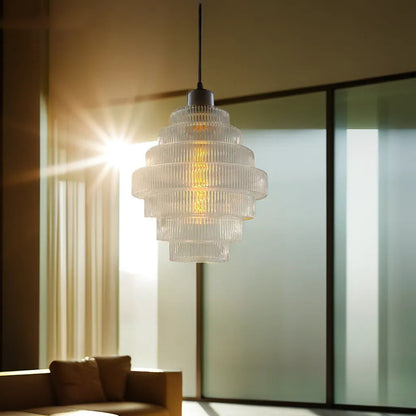 Contemporary French Multi Tier Circle Cylinder Glass Shade Iron 1-Light Pendant Light For Living Room