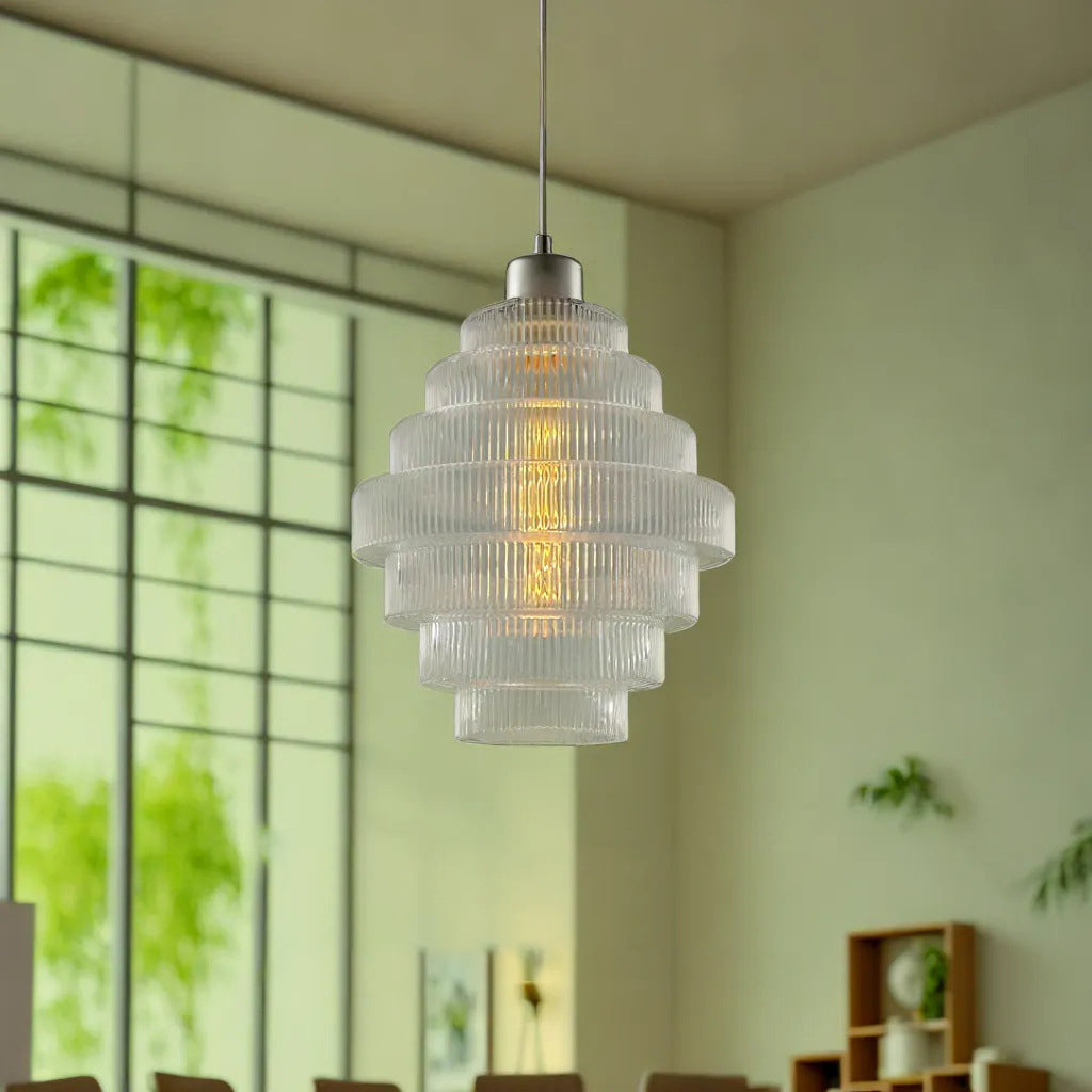 Contemporary French Multi Tier Circle Cylinder Glass Shade Iron 1-Light Pendant Light For Living Room