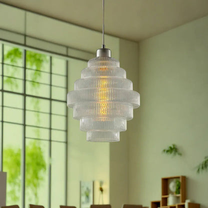 Contemporary French Multi Tier Circle Cylinder Glass Shade Iron 1-Light Pendant Light For Living Room