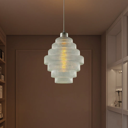 Contemporary French Multi Tier Circle Cylinder Glass Shade Iron 1-Light Pendant Light For Living Room