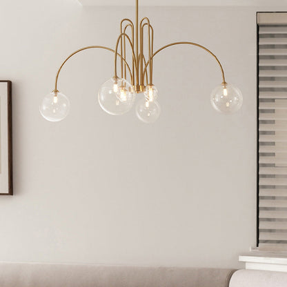 Contemporary Nordic Curved Rod Branch Orb Copper Glass 4/6/8 Light Chandelier For Living Room