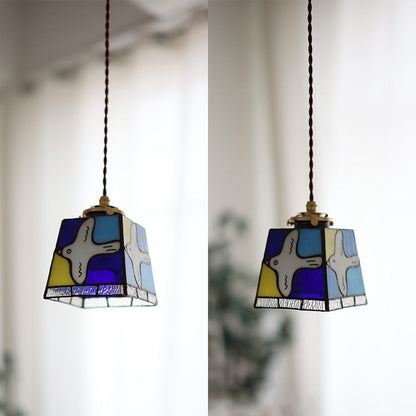 Traditional Vintage Square Peace Dove Copper Glass 1-Light Pendant Light For Living Room