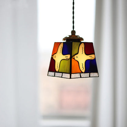 Traditional Vintage Square Peace Dove Copper Glass 1-Light Pendant Light For Living Room