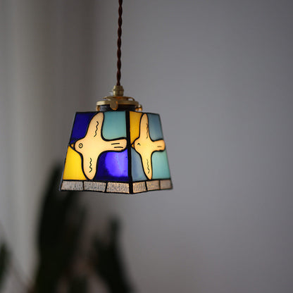 Traditional Vintage Square Peace Dove Copper Glass 1-Light Pendant Light For Living Room