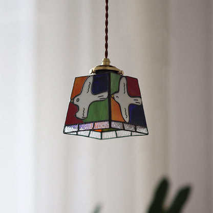 Traditional Vintage Square Peace Dove Copper Glass 1-Light Pendant Light For Living Room