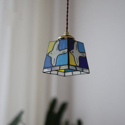 Traditional Vintage Square Peace Dove Copper Glass 1-Light Pendant Light For Living Room