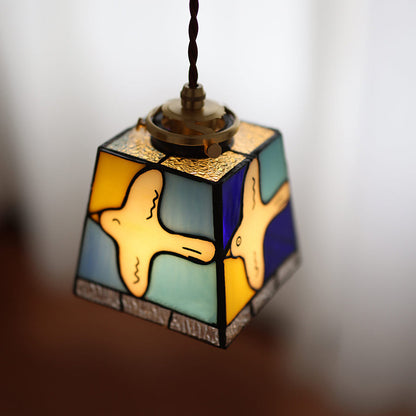 Traditional Vintage Square Peace Dove Copper Glass 1-Light Pendant Light For Living Room